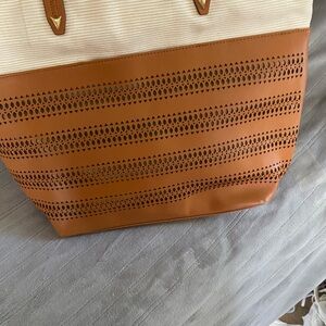 Stella & Dot Two-Tone Perforated Tote in Tan and Cream